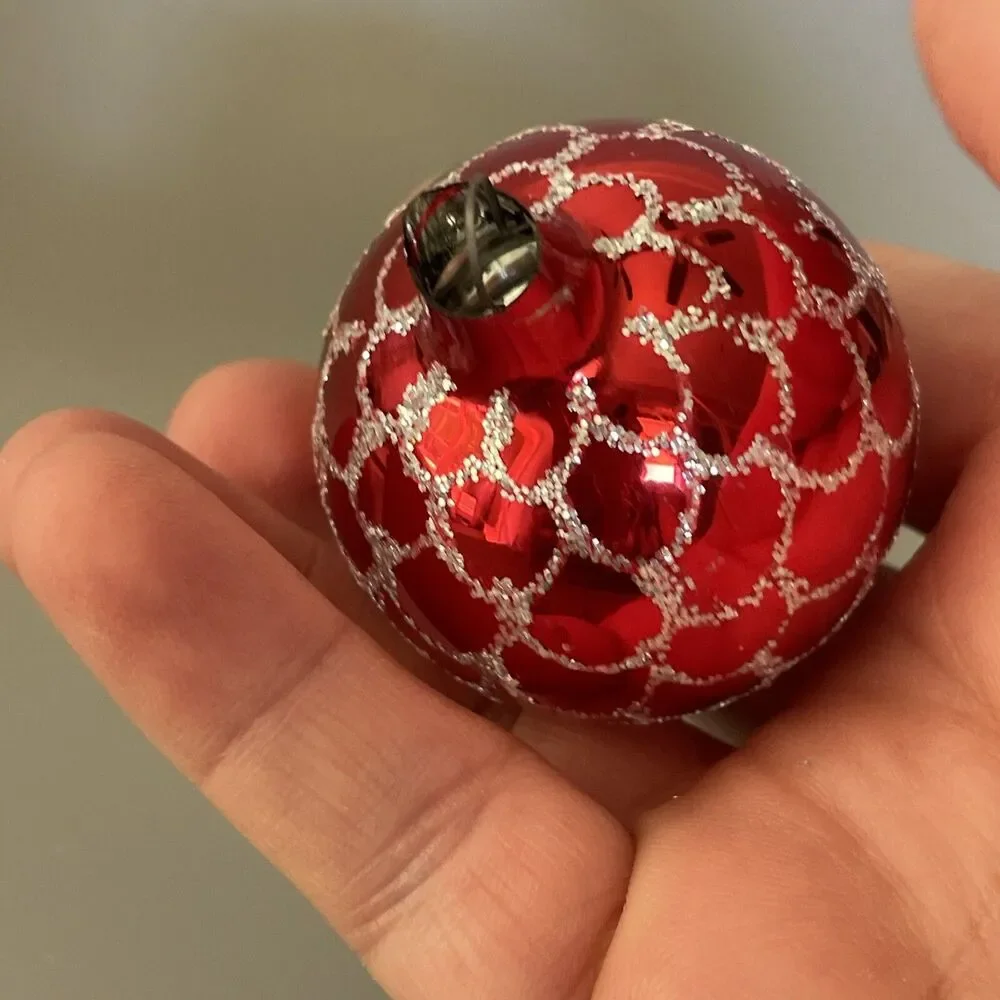 Vintage Hand Painted Blown Glass Red Ball Scalloped Glitter Christmas Ornament